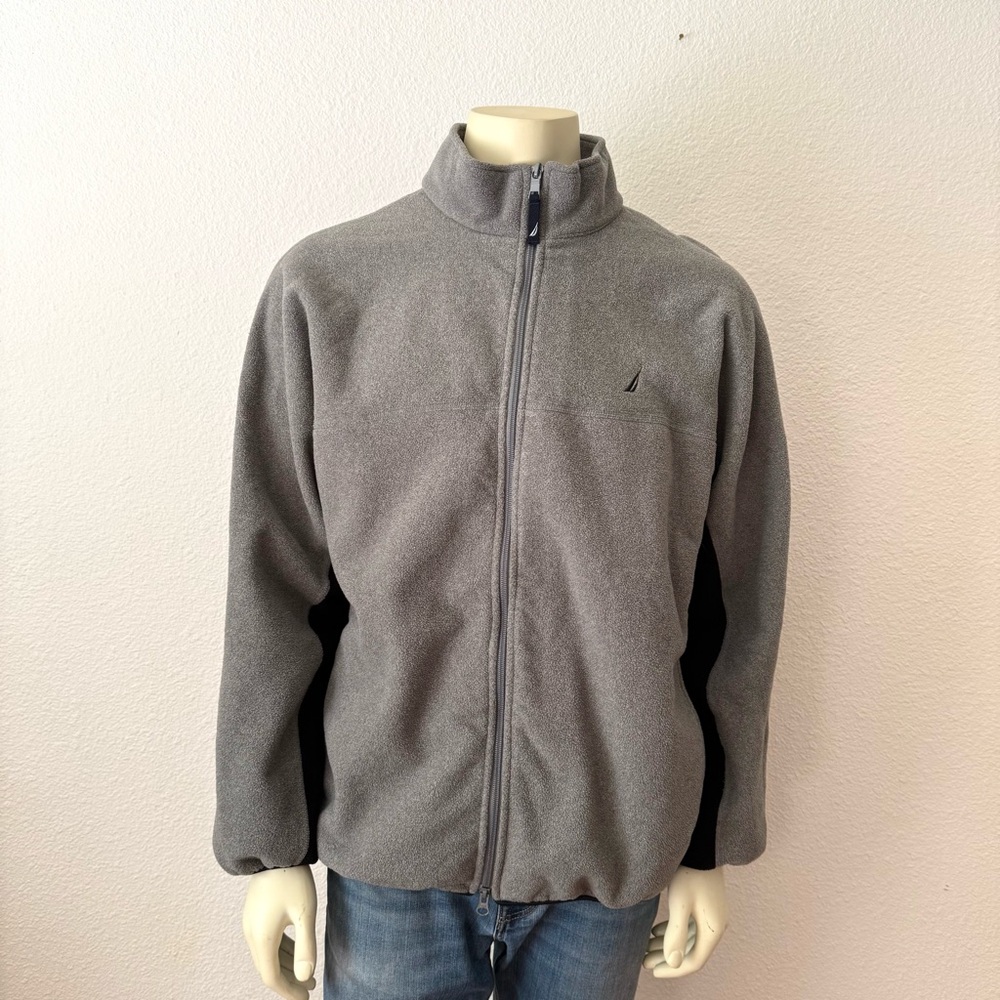 Nautica Mens Fleece Jacket Full Zip Gray Blue White Stripe Size XL